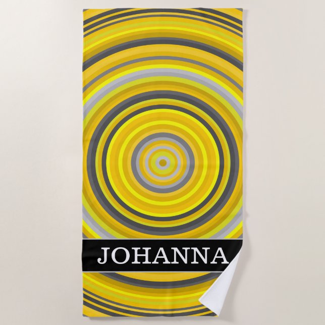 Custom Name + Yellow & Grey Nested Circles Pattern Beach Towel (Front)