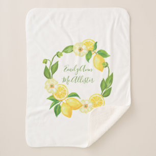 Custom Name Yellow Lemon Citrus Floral Baby Name Sherpa Blanket