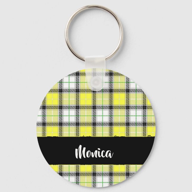 Custom name yellow plaid pattern keychain (Front)