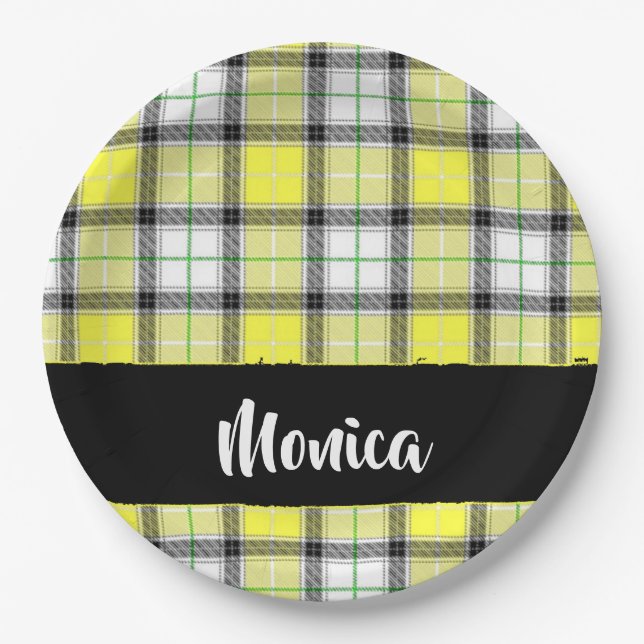 Custom name yellow plaid pattern paper plate (Front)