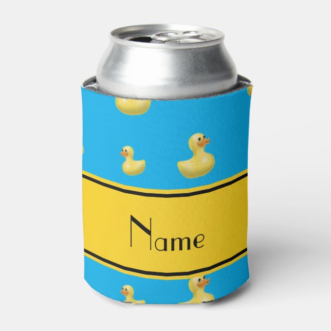 Custom name yellow stripe sky blue rubber duck can cooler (Can Front)