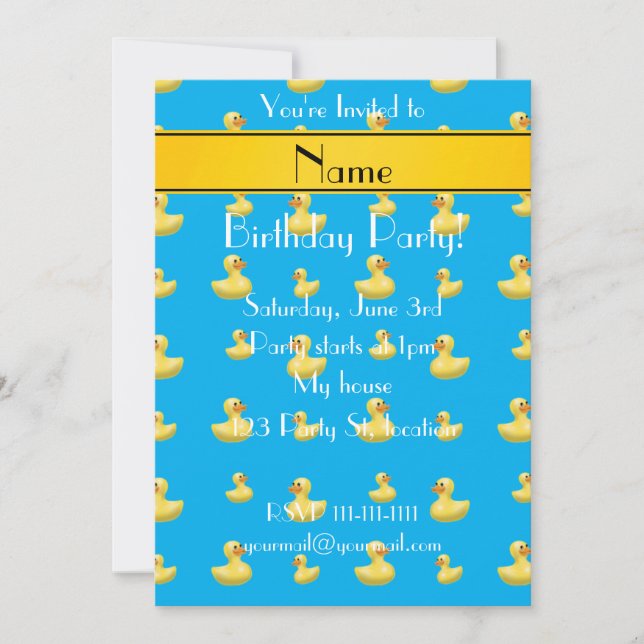 Custom name yellow stripe sky blue rubber duck invitation (Front)