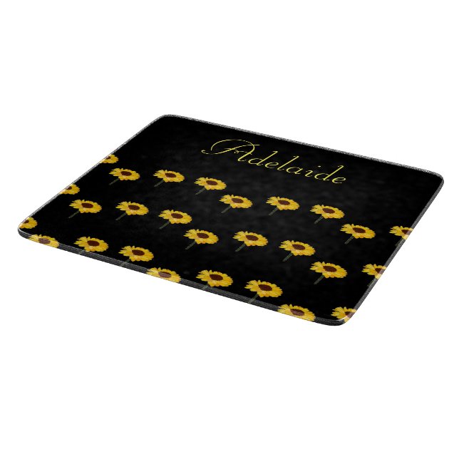 Custom name yellow sunflowers on black cutting board (Corner)