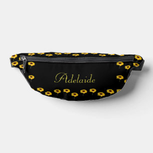 Custom name yellow sunflowers on black fanny pack