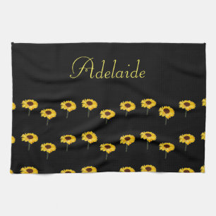 Custom name yellow sunflowers on black kitchen towel