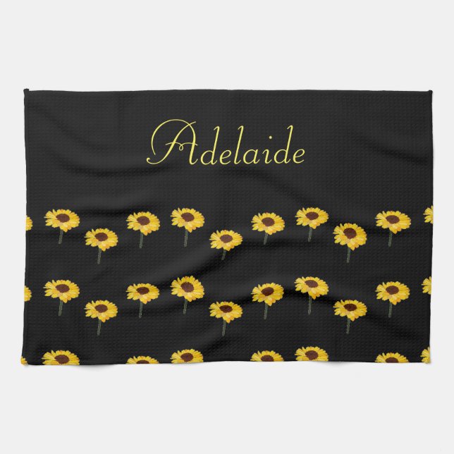 Custom name yellow sunflowers on black kitchen towel (Horizontal)