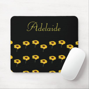 Custom name yellow sunflowers on black mouse pad