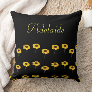 Custom name yellow sunflowers on black throw pillow