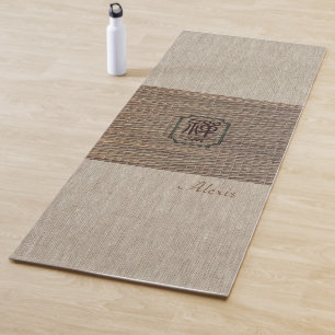 Custom name Zen Om burlap tatami print rustic yoga Mat