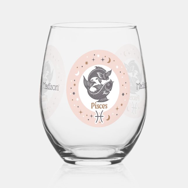 Custom Name Zodiac Sign Pisces Stemless Wine Glass (Back)