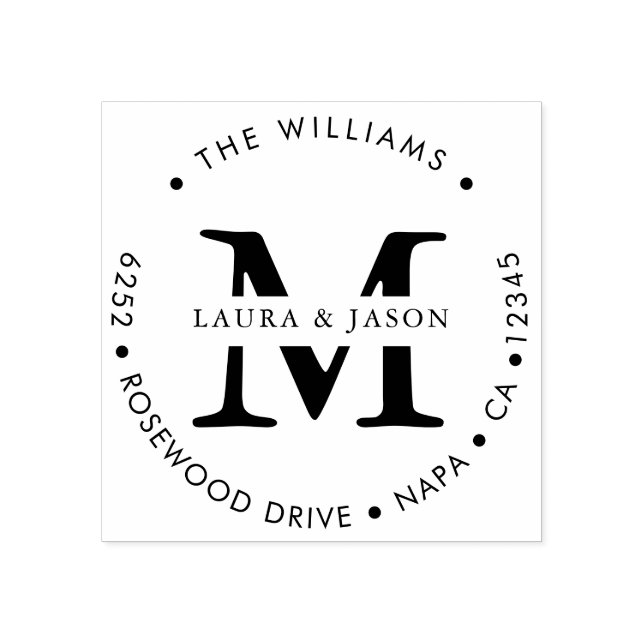 Custom Named and Monogrammed Round Return Address Rubber Stamp (Imprint)
