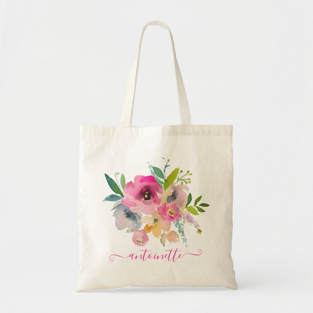 Custom Named Boho Floral Watercolor Tote Bag (Front)