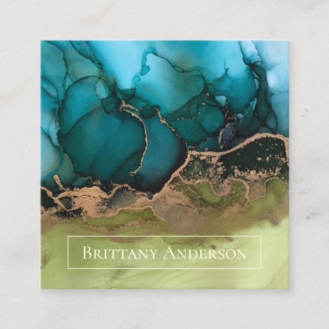 Custom Named Gold Teal Green Square Business Card (Front)