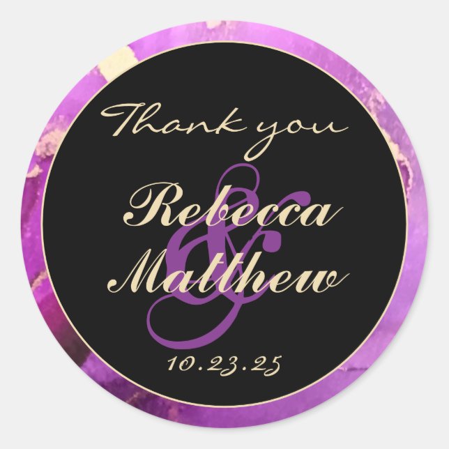 Custom Named Thank You Black Gold Purple Classic Round Sticker (Front)
