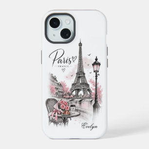 Custom NameParis Romance Eiffel Tower & Pink Roses iPhone 15 Case