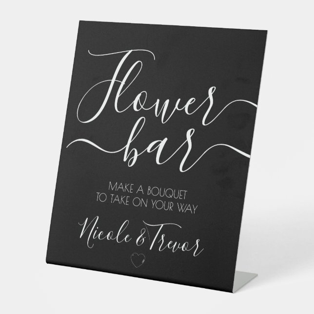 Custom Names Black Calligraphy Flower Bar Pedestal Sign (Front)