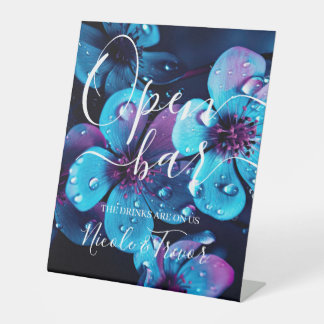 Custom Names Bold Flowers Wedding Open Bar Pedestal Sign
