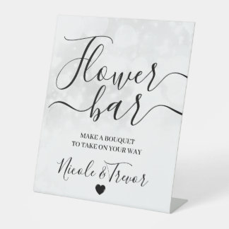 Custom Names Bright White Bokeh Flower Bar Pedestal Sign