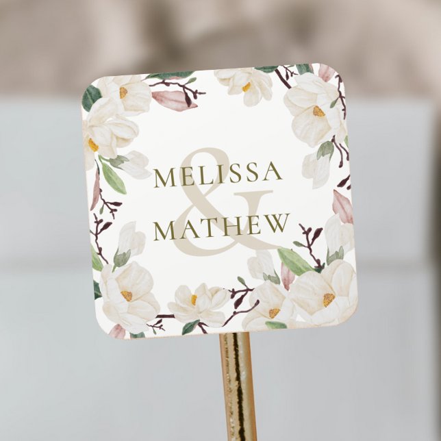 custom Names Elegant Oriental Magnolia  Square Sticker (custom Names Elegant Oriental Magnolia Square Sticker)