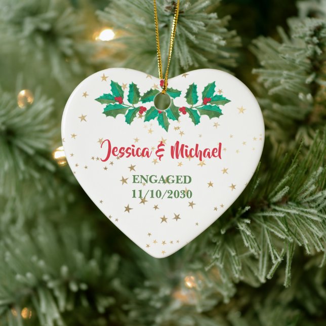 Custom Names Engaged Red Green Holly Ceramic Ornament (Tree)
