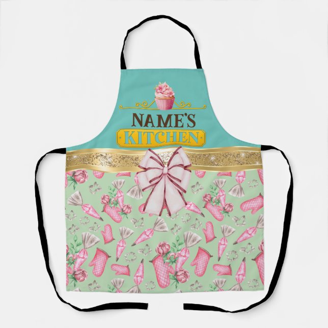 Custom Name's kitchen and watercolor Pink cupcake Apron (Front)