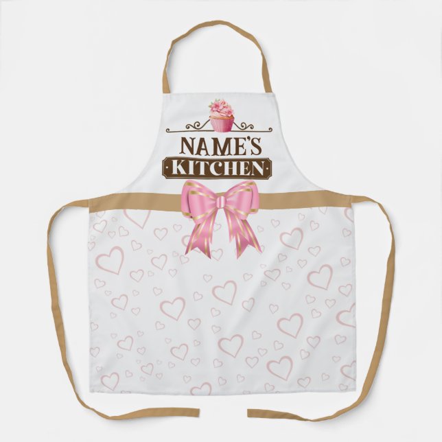 Custom Name's kitchen and watercolor Pink cupcake Apron (Front)