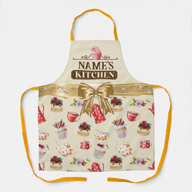 Custom Name's kitchen and watercolor Pink cupcake Apron (Front)