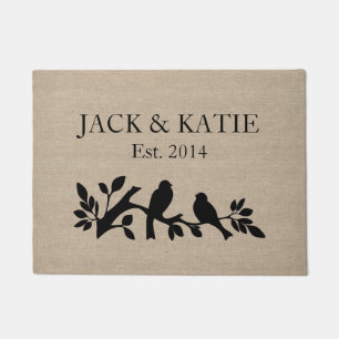 Custom names linen burlap rustic jute love birds doormat