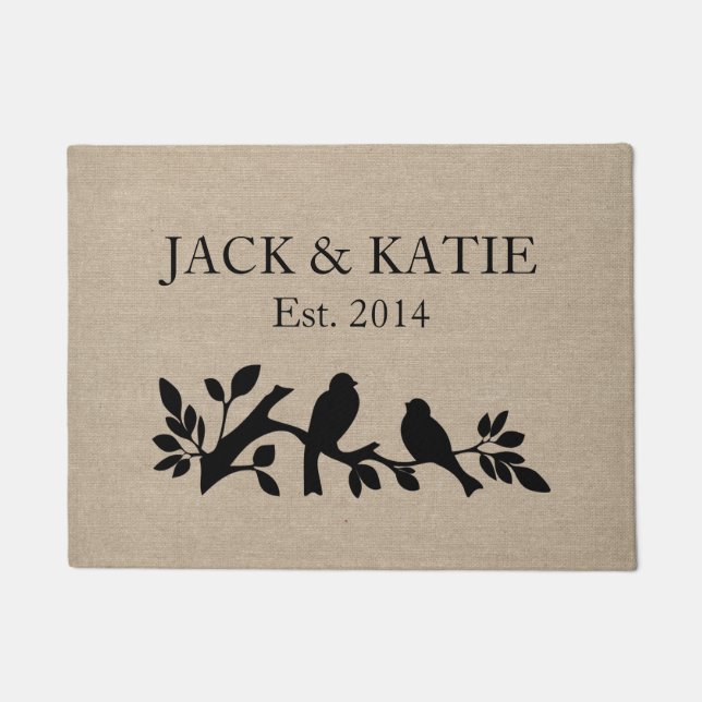 Custom names linen burlap rustic jute love birds doormat (Front)