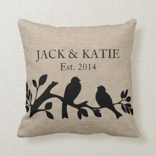 Custom names linen burlap rustic jute love birds throw pillow
