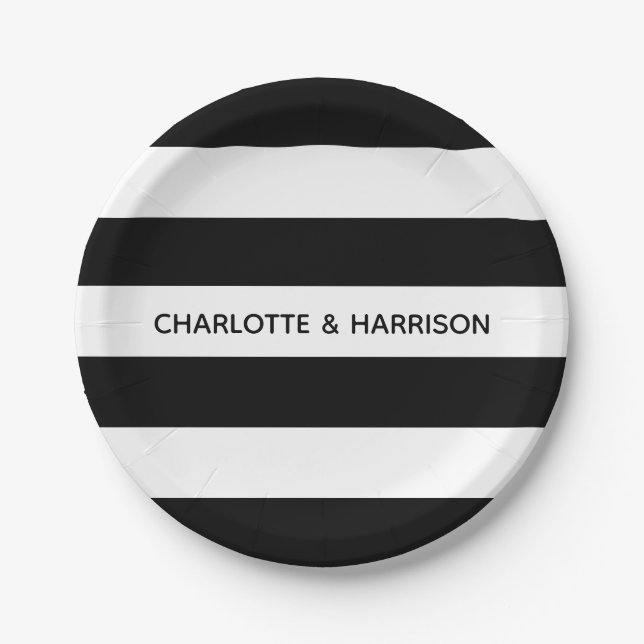 Custom names monogram black and white stripes paper plate (Front)