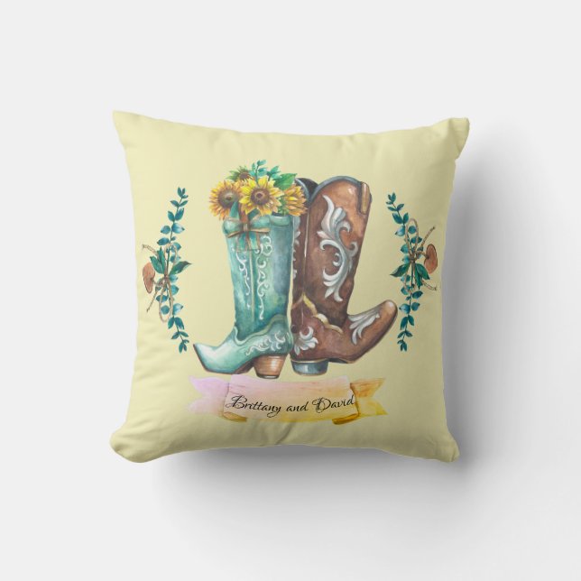 Custom names Newlyweds Rustic Cowboy Boots  Throw Pillow (Front)