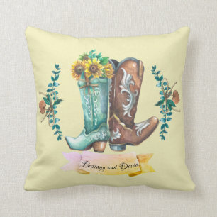 Custom names Newlyweds Rustic Cowboy Boots  Throw Pillow