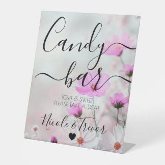Custom Names Pink Flowers Calligraphy Candy Bar Pedestal Sign