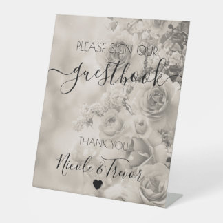 Custom Names Sepia Vintage Flowers Table Sign
