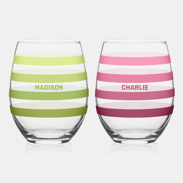 Custom Names Stripes Pattern Stemless Wine Glass (Front)