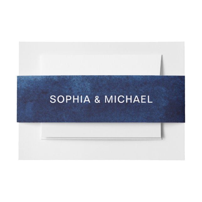 Custom Names Watercolor Navy Blue Invitation Invitation Belly Band (Front Example)