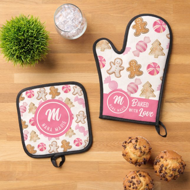 Custom Nana Monogram Pink Sugarplums & Gingerbread Oven Mitt & Pot Holder Set (Top Down)
