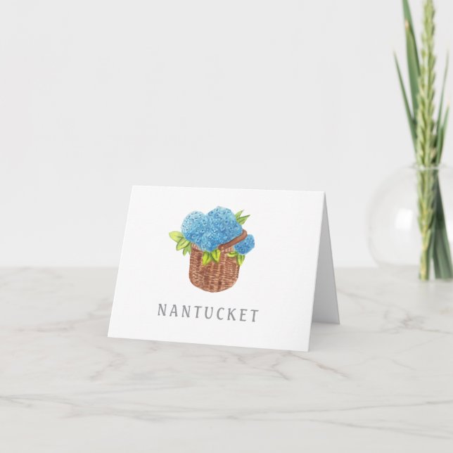 Custom Nantucket Basket Blue Hydrangeas Folded Note Card (Front)