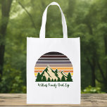 Custom Nature Family Vacation Green Forest Reusable Grocery Bag<br><div class="desc">Customize your own family road trip reusable grocery bags to embark on a journey through nature this summer or fall. Personalize with your last name underneath the green forest of trees and dark mountain sunset for a cool vacation keepsake for your outdoor group.</div>