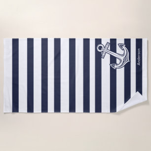 Custom Nautical Anchor Bathroom Navy Blue stripes Beach Towel