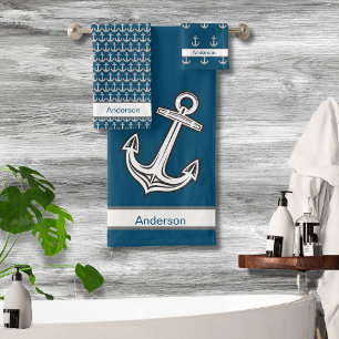 Custom Nautical Anchor Bathroom Ocean Grey White Bath Towel Set