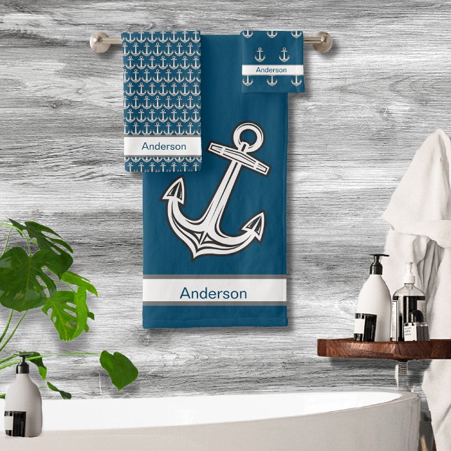 Custom Nautical Anchor Bathroom Ocean Grey White Bath Towel Set (Creator Uploaded)
