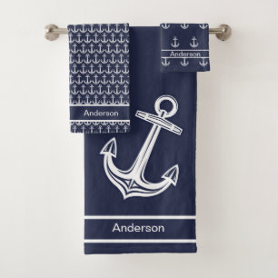 Custom Nautical Anchor  Bathroom Ocean Navy Blue B Bath Towel Set