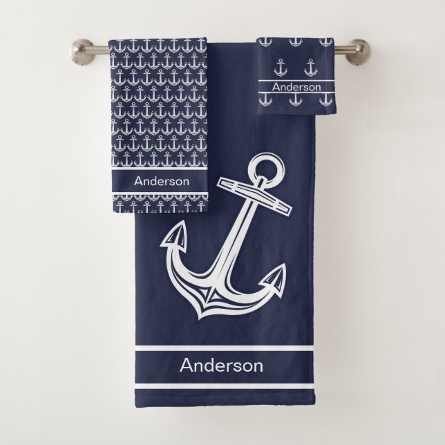 Custom Nautical Anchor  Bathroom Ocean Navy Blue B Bath Towel Set (Insitu)