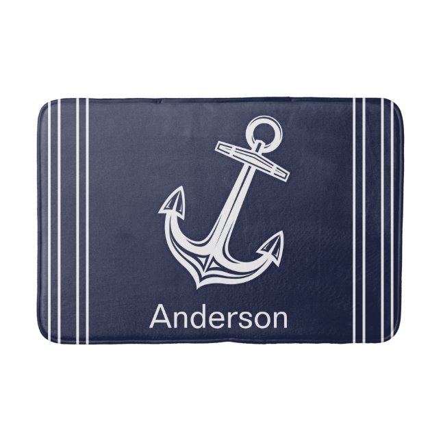 Custom Nautical Anchor  Bathroom Ocean Navy Blue Bath Mat (Front)