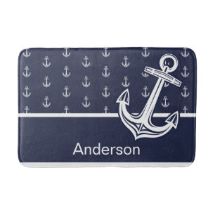 Custom Nautical Anchor  Bathroom Ocean Navy Blue   Bath Mat