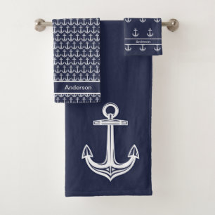 Custom Nautical Anchor  Bathroom Ocean Navy Blue Bath Towel Set