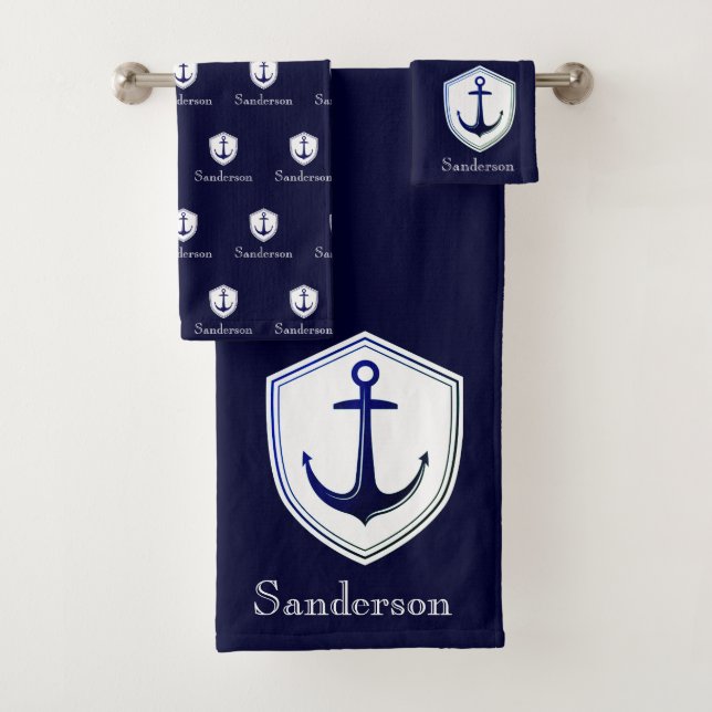 Custom Nautical Anchor  Bathroom Ocean Navy Blue  Bath Towel Set (Insitu)