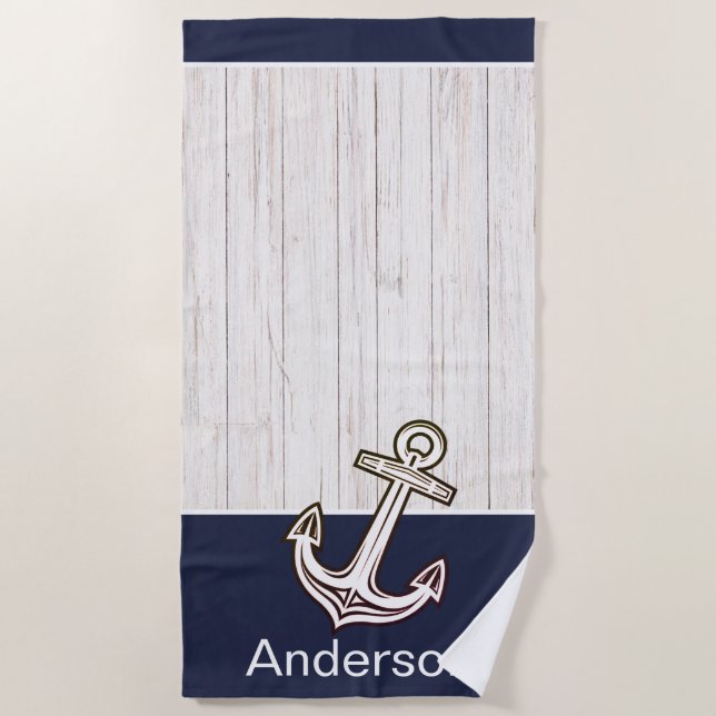 Custom Nautical Anchor  Bathroom Ocean Navy Blue   Beach Towel (Front)